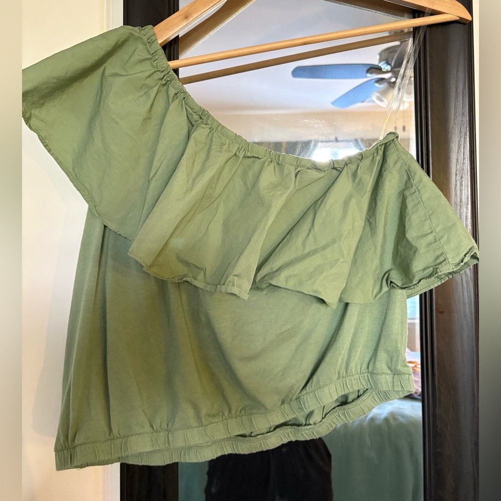 A New Day Green Ruffled Asymmetrical Blouse